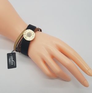 Lemoer Crisscross Leather Bracelet Disc Crystals